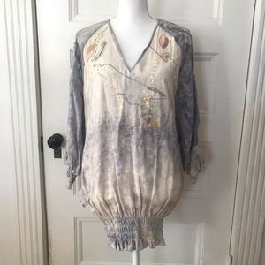 Vintage Marc D'Alcy Cream Gray Watercolor Embellished Tunic Top w/ Elastic Waist